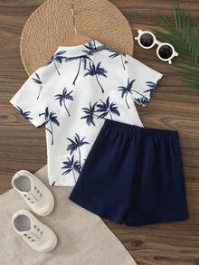 SHEIN Baby Boy Casual Vacation Coconut Tree Print Shirt And Shorts Set, Summer - Blue - View 2