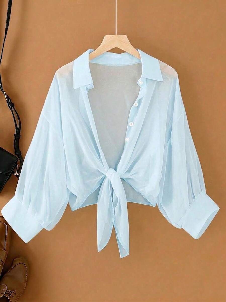 Camisa de manga larga con botones y lazo delantero, de unicolor, adecuada para el verano, talla extra - Azul - Ver 1