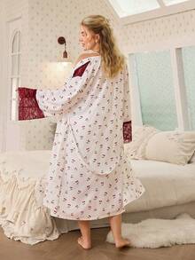 CottageSlumber Plus Size 2pcs Sleepwear Set, Lace Patchwork Cherry Print Robe & Nightgown - Multicolor - View 2