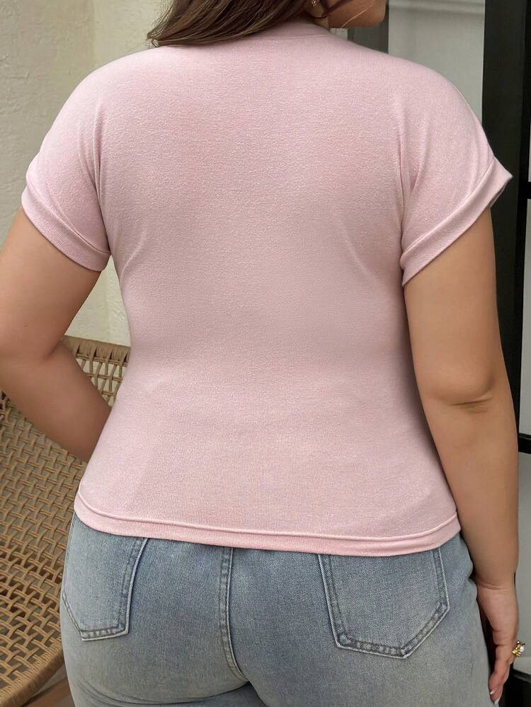 Dazy Plus Plus Size Women Tight Crew Neck Sequin Star Short Sleeve T-Shirt, Sexy & Pink, Spring/Summer