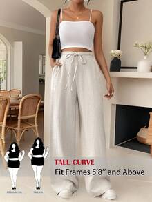 SHEIN Tall CURVE Quần ống rộng dáng suông, thoải mái, thanh lịch, chất liệu vải lanh kẻ sọc, cỡ lớn dành cho nữ, có dây rút và túi, phù hợp cho giáo viên, trang phục mùa hè, đi học, đi làm, công sở tối giản, phong cách retro. - Màu be - Xem 3