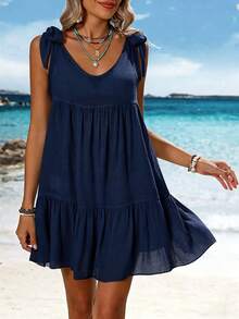SHEIN Swim Vcay Summer Outfits For Women Simple Solid Color Women's Sleeveless Cover Up For Daily Wear Summer - Navy Blue - View 3