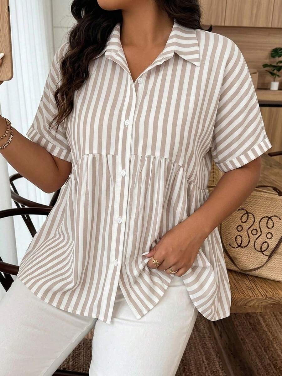 Embrisa Women Plus Size Front Open Design Textured Fabric Comfortable Casual Short Sleeve Blouse, Suitable For Spring/Summer Women Spring Tops Summer Women Tops Elegant Women Dresses