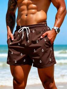 Palasendo Pantalones cortos de playa de 2 en 1 con estampado completo de ancla y cintura con cordón, estilo de vacaciones de playa para hombres - Café integral - Ver 6
