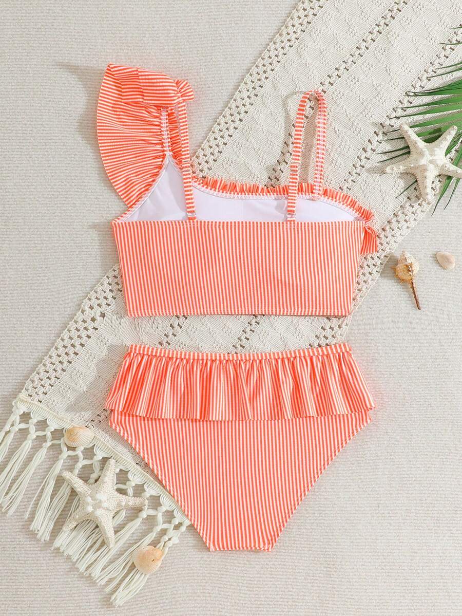 Bộ bikini cho bé gái tuổi teen, sọc xanh trắng, kiểu dáng dễ thương, bèo nhún, bất đối xứng vai, dây đeo có thể điều chỉnh, viền bèo nhún, kiểu tam giác, hai mảnh. - trái cam - Xem 1