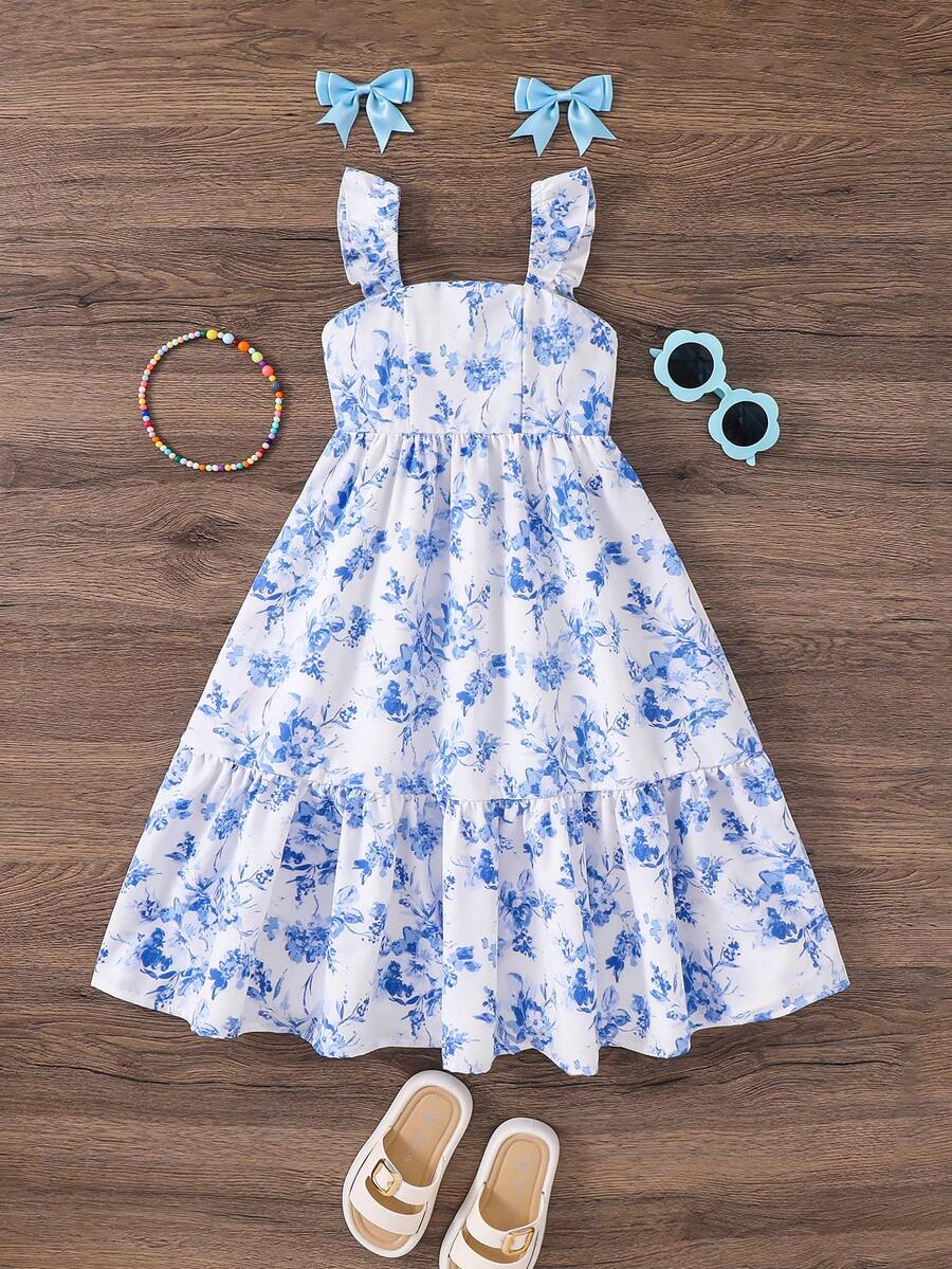 Emery Rose Kids Emery Rose Kids 女童雪纺碎花方领荷叶边下摆休闲连衣裙 - 藍白色 - 查看 1