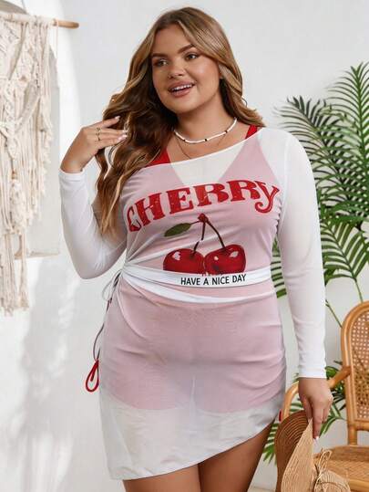 SHEIN CURVE+ 大码女士樱桃印花三件套比基尼泳衣，适合海滩、泳池、游泳派对