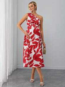 Momance Vestido de maternidad con bloques de color, estampado de hojas rojas, cuello asimétrico, abertura, un hombro para mujeres, blanco, verano, invitada de boda, invitada de boda de maternidad, vacaciones - Multicolor - Ver 5