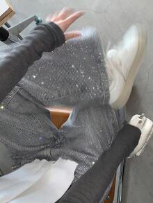 Dazy Tall Jeans casuales de pierna recta con adornos de strass para mujeres altas - Gris - Ver 8