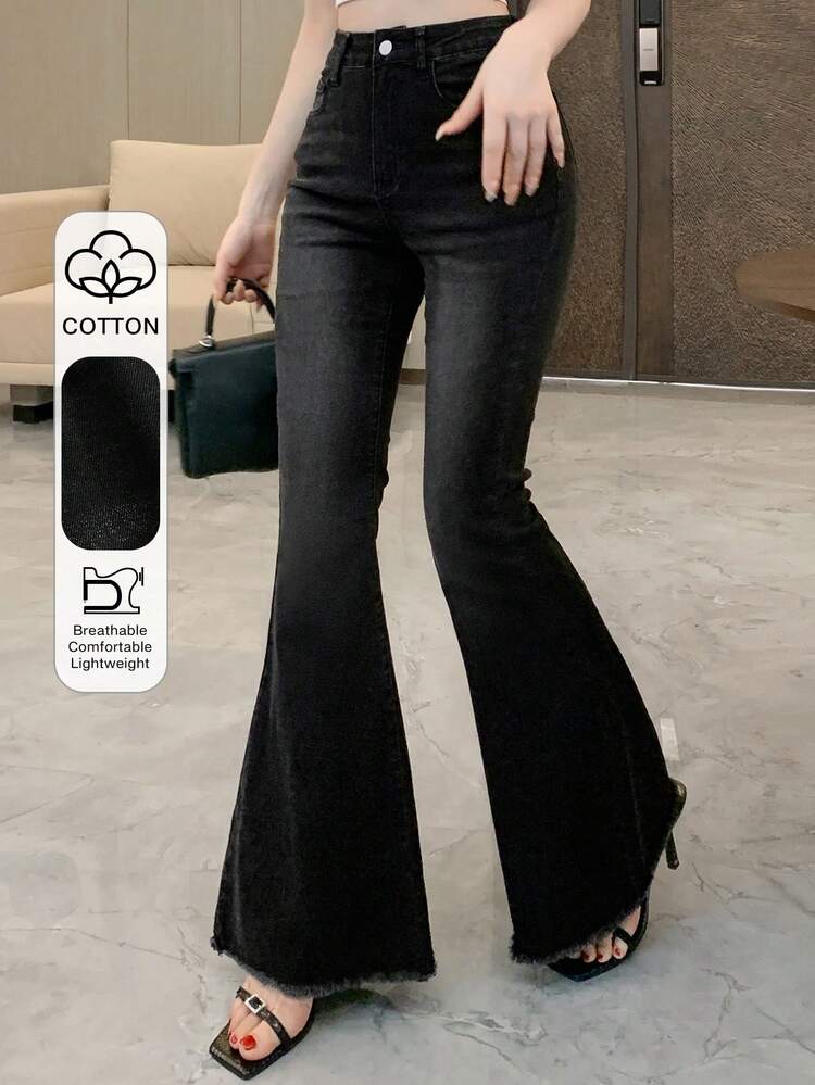 Tall Women's Elongated High-Waisted Frayed Hem Flare Jeans