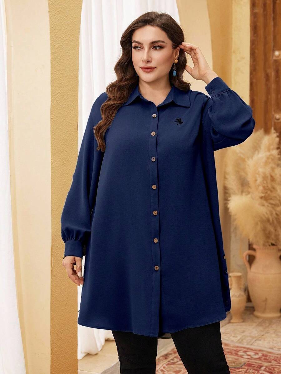 Lacomfia Camisa casual de manga larga con botones y bordado de unicolor para tallas grandes - Azul Marino - Ver 1