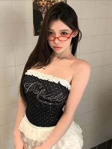 DAZY 亮面水鑽字母印花黑白波點夏季 Y2K 風格女款短版背心，無袖細肩帶修身收腰，適合夜店、音樂祭、海灘 - 黑色 - 查看 7