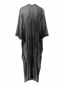 ROMWE Goth 女士优雅哥特风网纱透明流苏系带泳衣罩衫，适合海滩、度假、春夏秋季穿着 - 黑色 - 查看 8