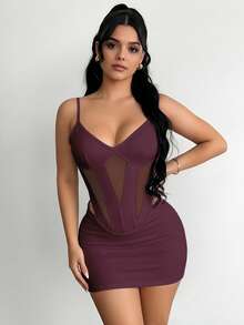 Zyxie Đầm ngắn ôm sát cơ thể dành cho nữ, dây mảnh, phối lưới, thiết kế khoét rỗng. - Màu Đỏ Sâu - Xem 6
