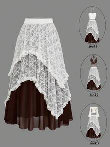 Sweetra 大码时尚夏季荷叶边层叠不对称波西米亚蕾丝长裙 - 彩色 - 查看 1