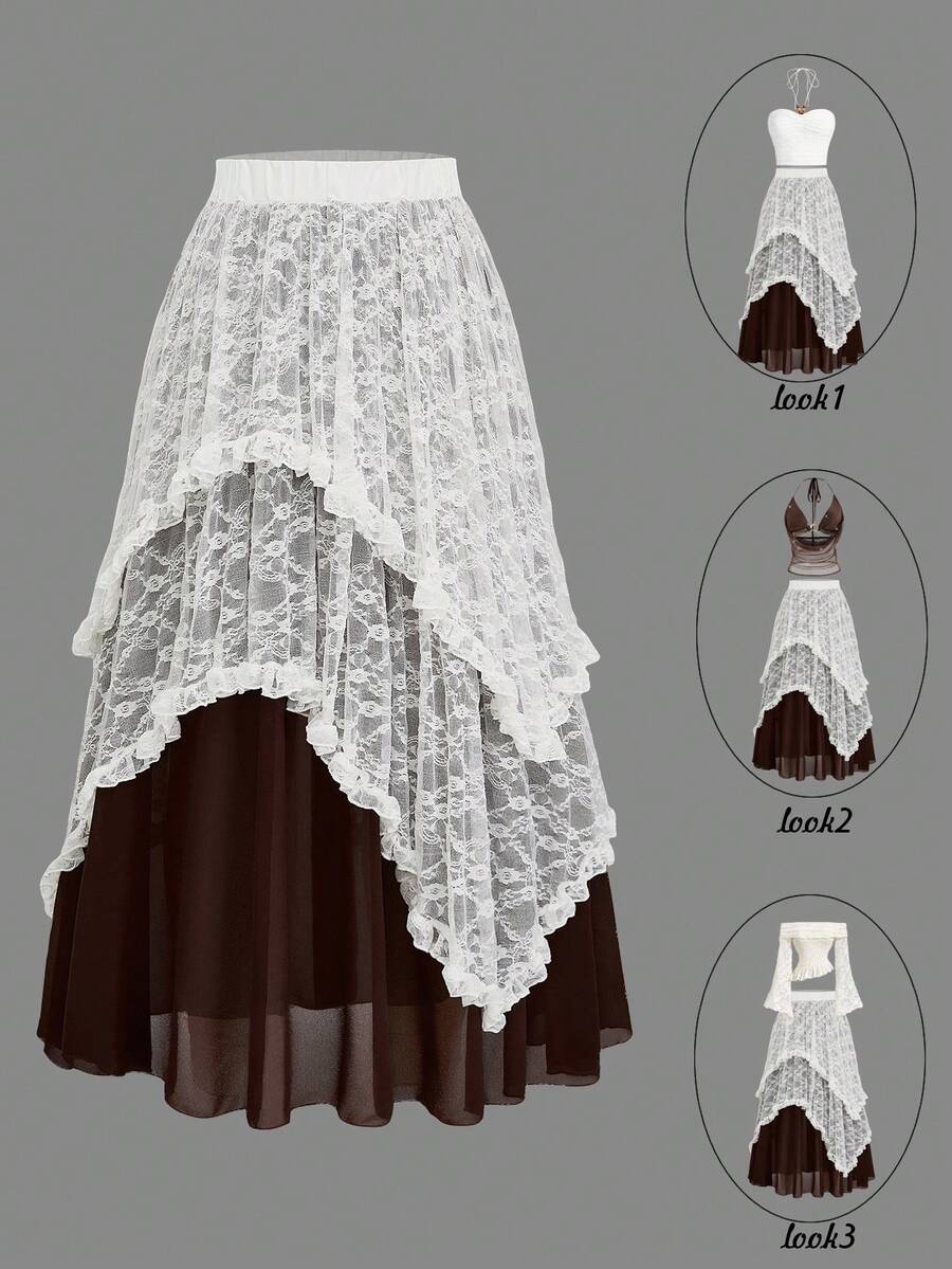 Sweetra 大码时尚夏季荷叶边层叠不对称波西米亚蕾丝长裙 - 彩色 - 查看 1