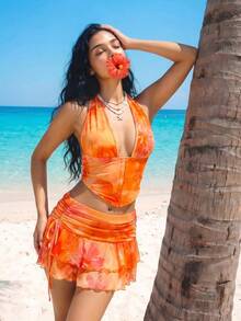 SHEIN Sweetina Bộ 2 món thời trang nữ gợi cảm cổ yếm màu hồng gồm áo crop top và chân váy ngắn. - trái cam - Xem 4
