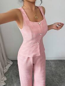 SHEIN Elenzya Bộ trang phục nữ mùa xuân/hè mới, thanh lịch, lãng mạn, nhẹ nhàng kiểu Pháp, đa năng, thời trang công sở, thiết kế tối giản, chất liệu cao cấp có họa tiết, cúc giả ngọc trai, không tay, eo ôm, kết hợp với quần ống rộng cạp cao thời trang giúp thon gọn vóc dáng. - Hồng - Xem 3