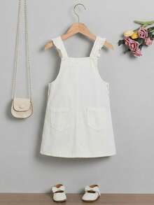 SHEIN Vintaside Kids 女童牛仔背带裙，夏季新品，甜美可爱风格，浅色水洗牛仔布搭配花卉刺绣和荷叶边肩带，休闲百搭，适合夏季度假、日常出行、上学、聚会、户外活动等各种场合，夏季牛仔背带裙 - 米色 - 查看 3