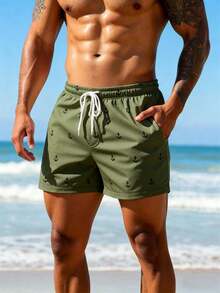 Naviga Onda Men's Anchor Print Slant Pocket Drawstring Waist Casual Beach Shorts, Holiday - Army Green - View 3