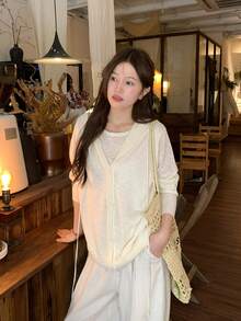 DAZY 女士休闲纯色针织毛衣 - 杏色 - 查看 4