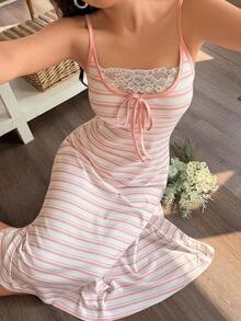 Napfluff Striped Print Contrast Trim 2 In 1 Design Fitted Women Nightgown - Pink - View 4