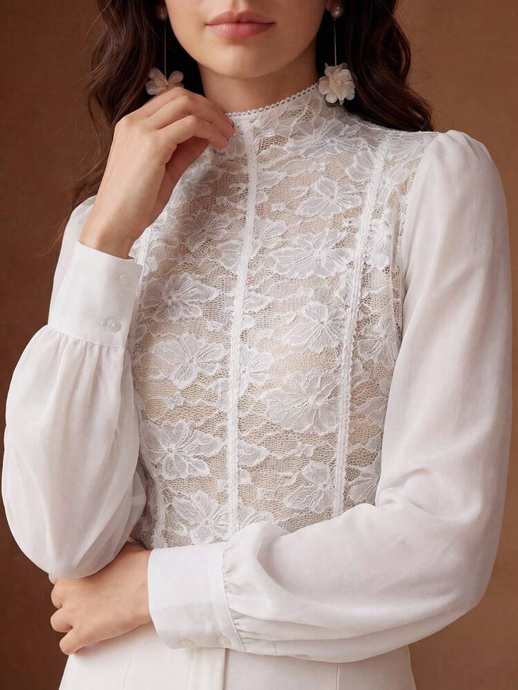 Women's New Elegant Sexy Party Mandarin Collar Sheer Floral Splice Long Sleeve Blouse
