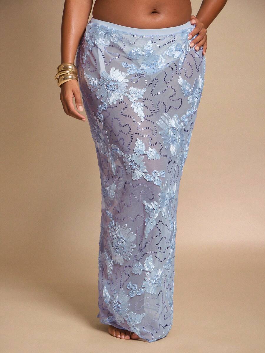 SHEIN BAE Saia de biquíni plus size com detalhes em miçangas, azul-turquesa - Azul - Ver 1