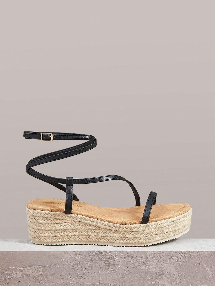 Styleloop Women's Black Fashion Solid Color Woven Casual Platform Wedge Sandals, Bohemian Vacation Style Vintage Ba Canvas Platform Ankle Sandals, Western Style, Music Festival Party Clothing, Vacation Atmosphere, Summer Wear, Travel Essentials - Black 3 - View 1