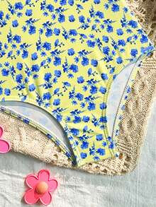 SHEIN Young Girls One-Piece Swimsuit,Cute Blue Plaid & Ditsy Floral Knitted Elastic Ruffled Digital Print Bikini Sets,Fashionable For Summer,Beach,Holiday - Multicolor - View 4
