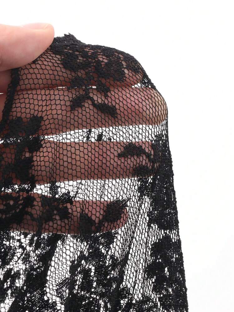 Dazy Plus Plus Size Women's Elegant Casual Lace Patchwork V-Neck Ruffle Hem Cardigan, Black, Spring/Summer