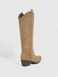 Daringsoles 西式新款女鞋，一腳蹬，純色尖頭粗跟，舒適百搭，中筒靴，長褲靴，時尚靴 - 淺棕色 - 查看 3