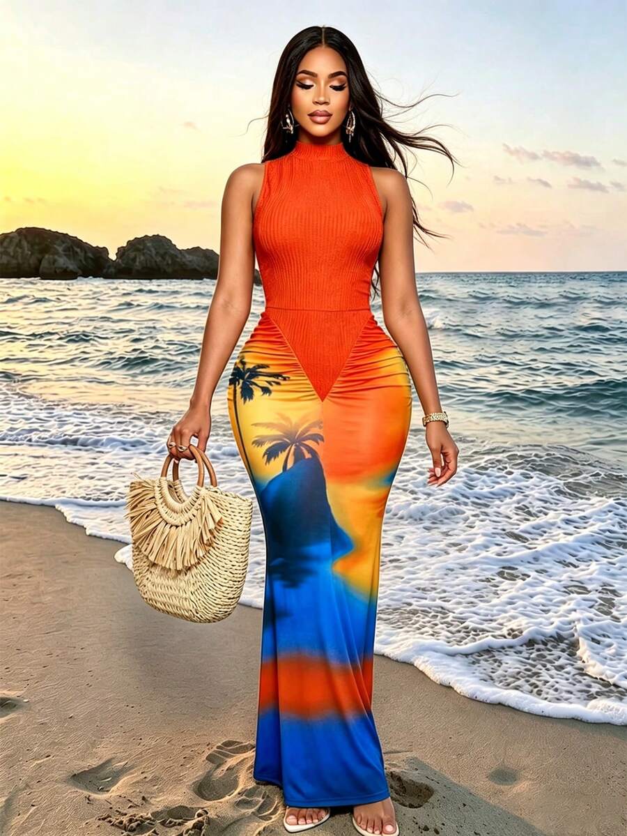 SOLERSUN 性感优雅通勤派对海滩度假约会修身长裙春夏女装热带假日花卉渐变复古风