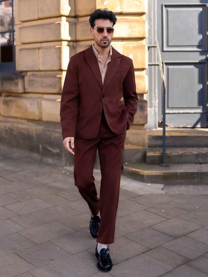 YOUESAWY YOUESAWY Men's Simple Solid Color Peak Collar Business Suit Jacket And Pants Set Men Brown Suit Men 2 Piece Suit Mens Brown Suit Brown Suit Men Daily Leisure, Weekend Trips, Outdoor Activities, Travel Expeditions, Relaxed Work Environments Or Formal Occasions,Boyfriend/Husband Gift, Anniversary Gift