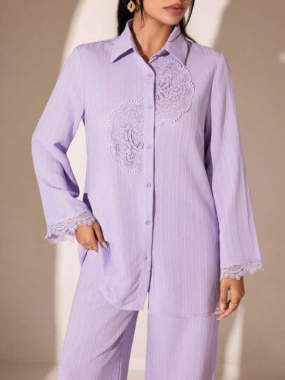 Veilorie Taro Purple Embroidered Lace Flare Sleeve Shirt And Pants Conservative Suit, Gentle Style