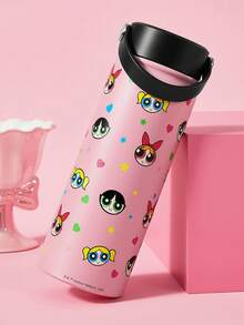 THE POWERPUFF GIRLS X SHEIN 花朵、泡泡、毛茛花图案和爱心星印花黑色真空保温瓶、水瓶、保温杯，Y 2 K - 淺粉色 - 查看 4