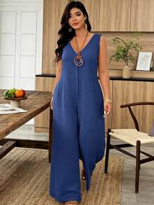 Weeklong White Plus-Size Jumpsuit - Sleeveless, V-Neck & Loose Fit, Suitable For Daily Wear & Office Commute, Spring & Summer Outfit - Navy Blue - View 1