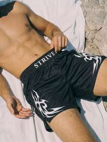 Solantero Men's Casual Letter Print Shorts, Summer - Black - View 2