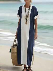 Breezaya Navy-blau & weiß Kontrast Splice Kleid, lose Fledermausärmel Strand Urlaub Schlankheitskleid - Blau-Weiß - Übersicht 5