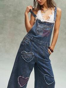 Bohemela Unisex Loose Straight Leg Denim Bib Overalls - Medium Wash - View 2