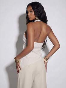 Normani Áo tank top cổ yếm vạt lệch màu trơn trang trí kim loại dành cho nữ - trắng - Xem 3