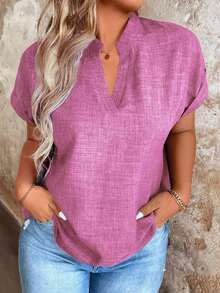 Linhara CURVE Plus Size Solid Color Notch Collar Casual Short Sleeve Shirt, Summer - Pink - View 1