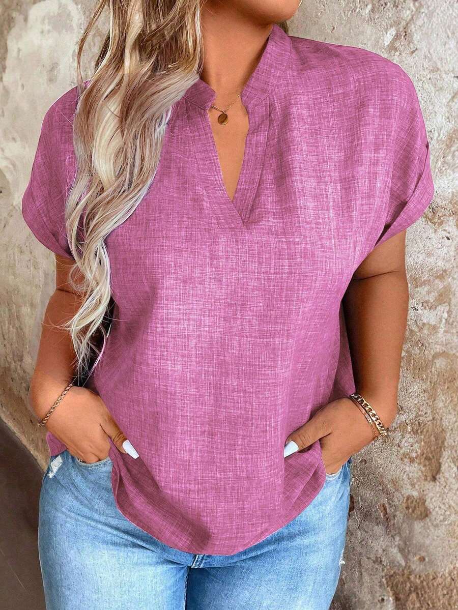 Linhara CURVE Plus Size Solid Color Notch Collar Casual Short Sleeve Shirt, Summer - Pink - View 1
