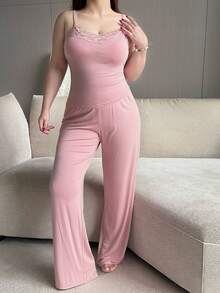 Dazy Plus Plus Size Women Solid Color Lace Patchwork Camisole Top And Pants Pajama Set, Pink, Spring/Summer - Pink - View 1