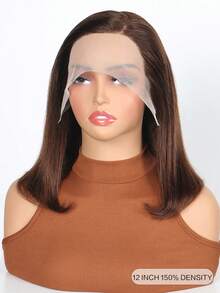 Peluca con frontal de encaje de cabello humano brasileño recto estilo bob de color marrón chocolate para mujeres, con raya lateral, #4 marrón, corta estilo pixie bob, de 8 a 14 pulgadas con encaje transparente - S4 - Ver 4