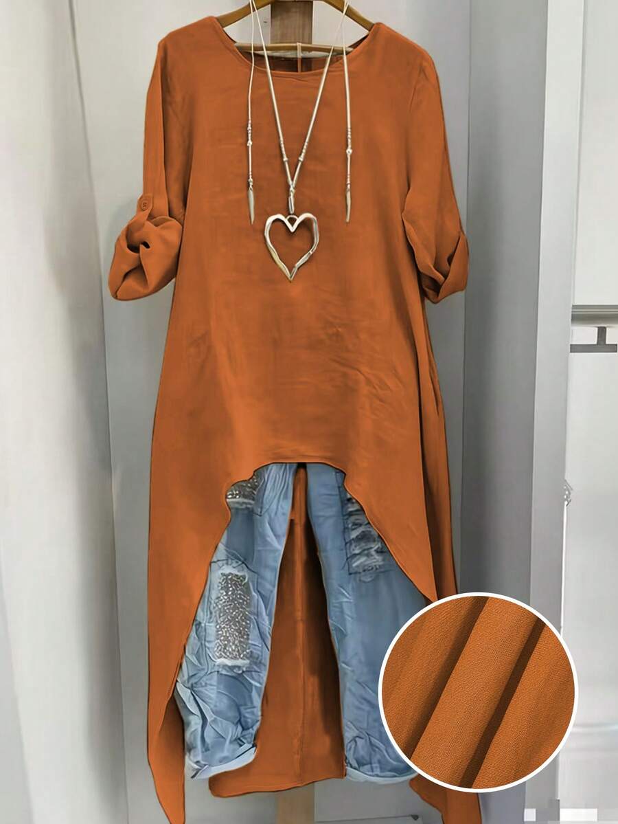 EMERY ROSE Áo sơ mi nữ cỡ lớn thời trang xuân/hè, phong cách tối giản thường ngày, màu trơn, cổ tròn, tay dài, có thể điều chỉnh, áo dài tay, cỡ lớn dành cho nữ, đồ đi biển. - trái cam - Xem 1
