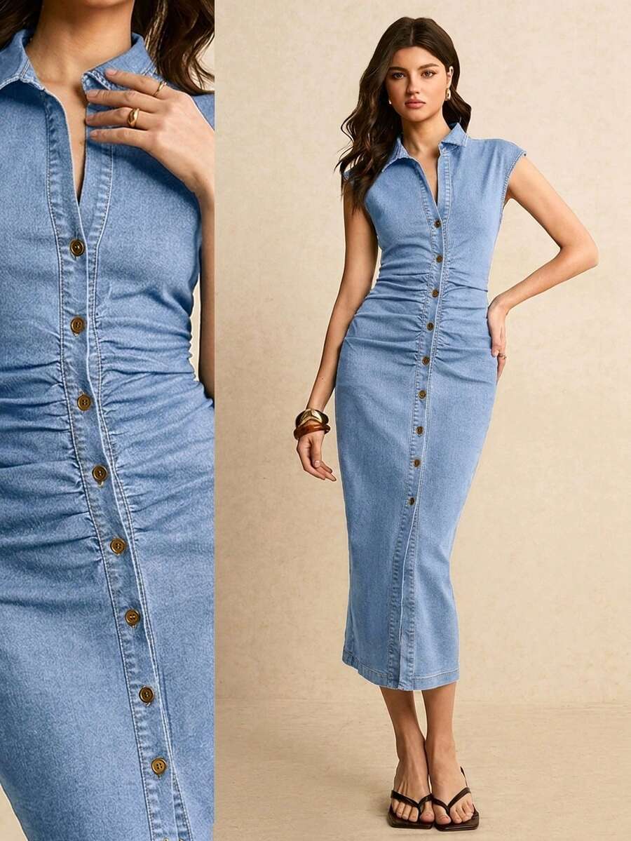 Poéselle Women's Solid Color Minimalist Casual Short Sleeve Denim Dress