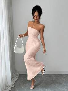 Đầm nữ trơn màu, không dây đeo, ôm dáng, thanh lịch - Hồng - Xem 4