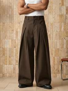 AKNOTIC Men's Woven Fashion Casual Loose Wide-Legged Solid Color Baggy Pants For Everyday, School - Brown - View 1
