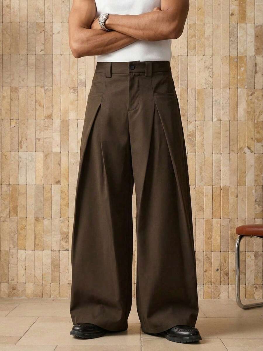 AKNOTIC Men's Woven Fashion Casual Loose Wide-Legged Solid Color Baggy Pants For Everyday, School - Brown - View 1